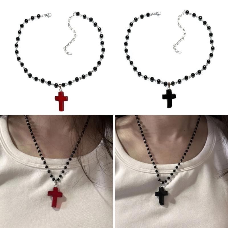 Gothic Crucifix Necklace Retro Choker Religious Clavicle Chain Cross Pendant Jewelry Stylish Pearl Beaded Ornaments