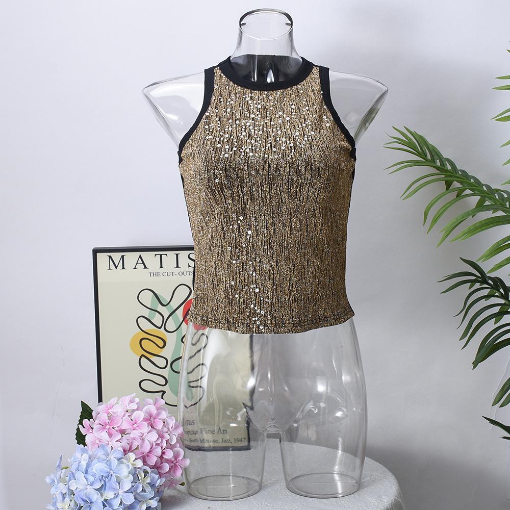 

O Neck Sleeveless Leopard Print Summer Blouse Women Sequin Vest Slim Fit Elegant Fashion Short Tank Tops Casual Crop Tops Sleeveless Streetwear Shirts XXL золотий