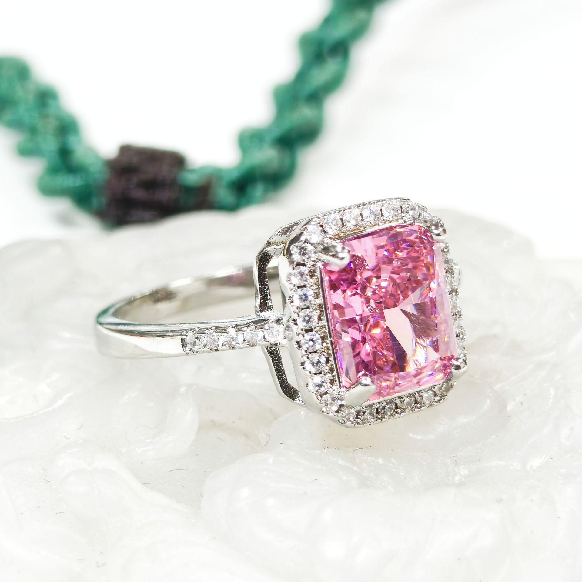 Gesi En Pink Zircon Rectangular Engagement Ring for Women - Elegant & Fashionable Light Luxury Design. Size 7