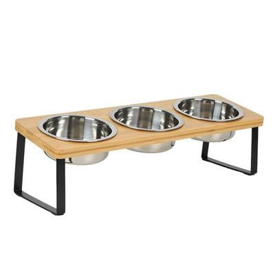 Non Slip Wood Pet Feeder Anti-Leak Anti-Vomiting Dog Water Feeding Dish 3 Bowls Stainless Steel Bowls Raised Pet Feeder