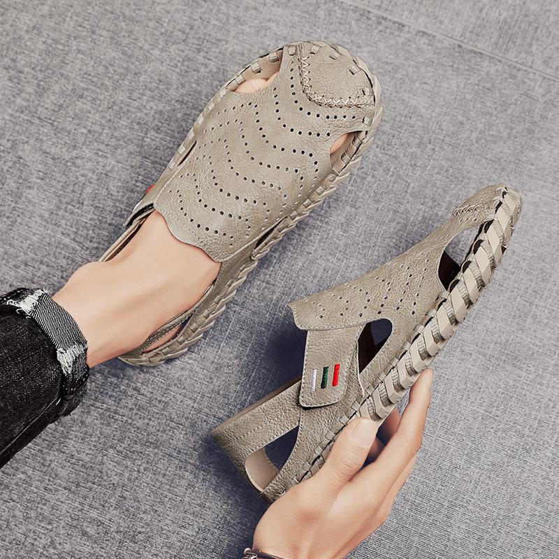 Fashion Men Handmade Sandals PU Solid Color Hollow Soft Sole Business Casual Sandals Comfortable Breathable Non Slip Beach Shoes