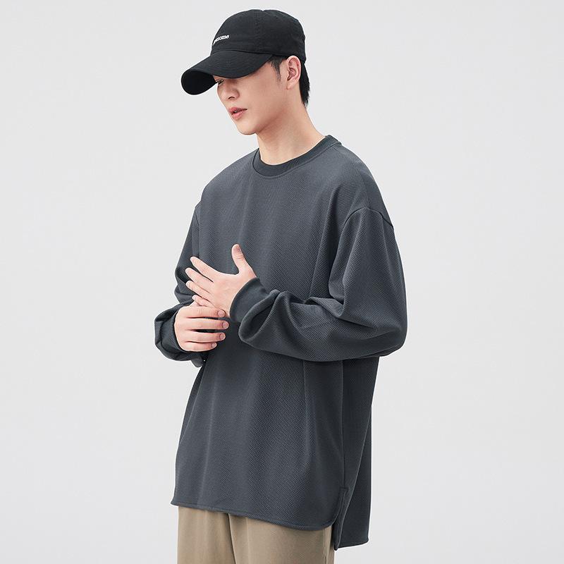 Air-layer Pearl-ground Sweatshirt Men's Round Neck Hem Slit Pullover Long-sleeved T-shirt Solid Color Base Shirt