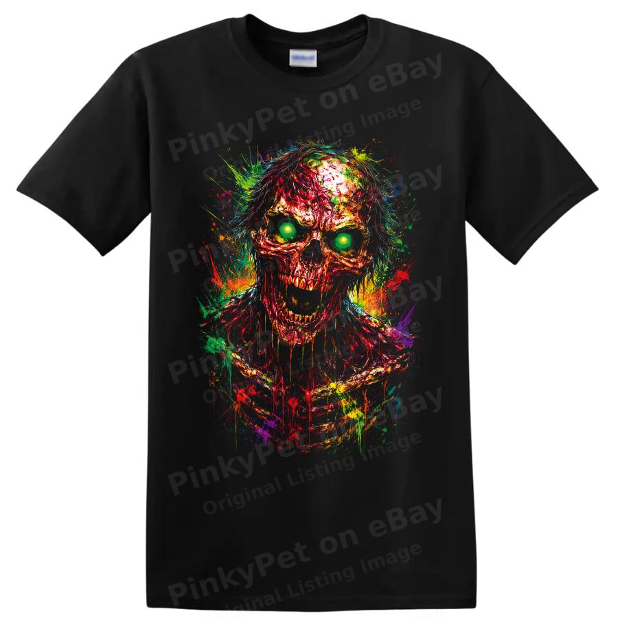 Zombie Skull T Shirt Neon Splatter Horror Art Gothic Halloween Graphic Red Tee