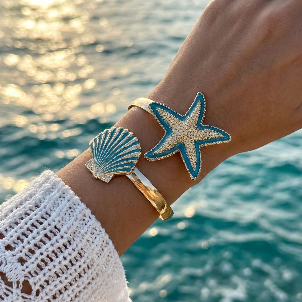 Exaggerated Starfish Shell Open Bracelet for Women Trendy Gold Color Metal Blue Enamel Marine Bracelet Beach Vacation Jewelry