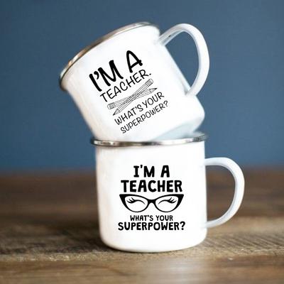 Ich bin Lehrer Was ist deine Superkraft Druck Emailletasse Kaffeetasse Tassen Freunde Edelstahlbecher Niedliches Trinkgeschirr Cupshe Tassen