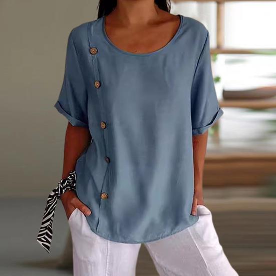 

Женская рубашка с круглым вырезом и половиной рукавов, декор на пуговицах, пуловер, однотонный свободный крой, офисные женские топы, рабочая одежда M чёрный