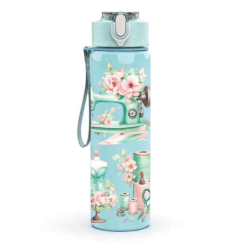 1PC Vintage Coffee Tea Cup Floral Print 750ml Color Plastic Sports Water Bottle Leakproof Flip Straw Lid Suitable for Sports Office Home Use