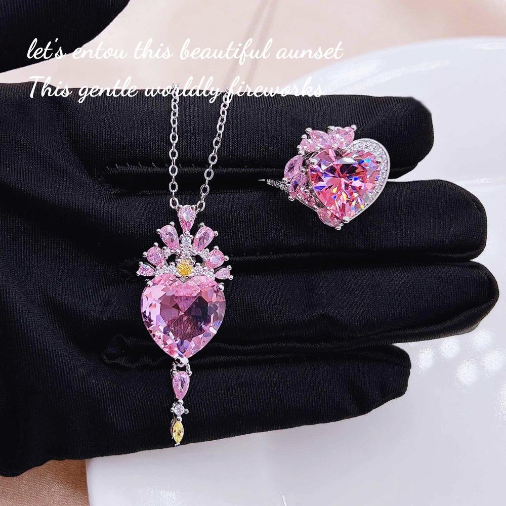 Elegant Women Jewelry Heart Morganite Ring Pendant Set Pink Gem Necklace Sparkling Diamond Light Luxury Gift