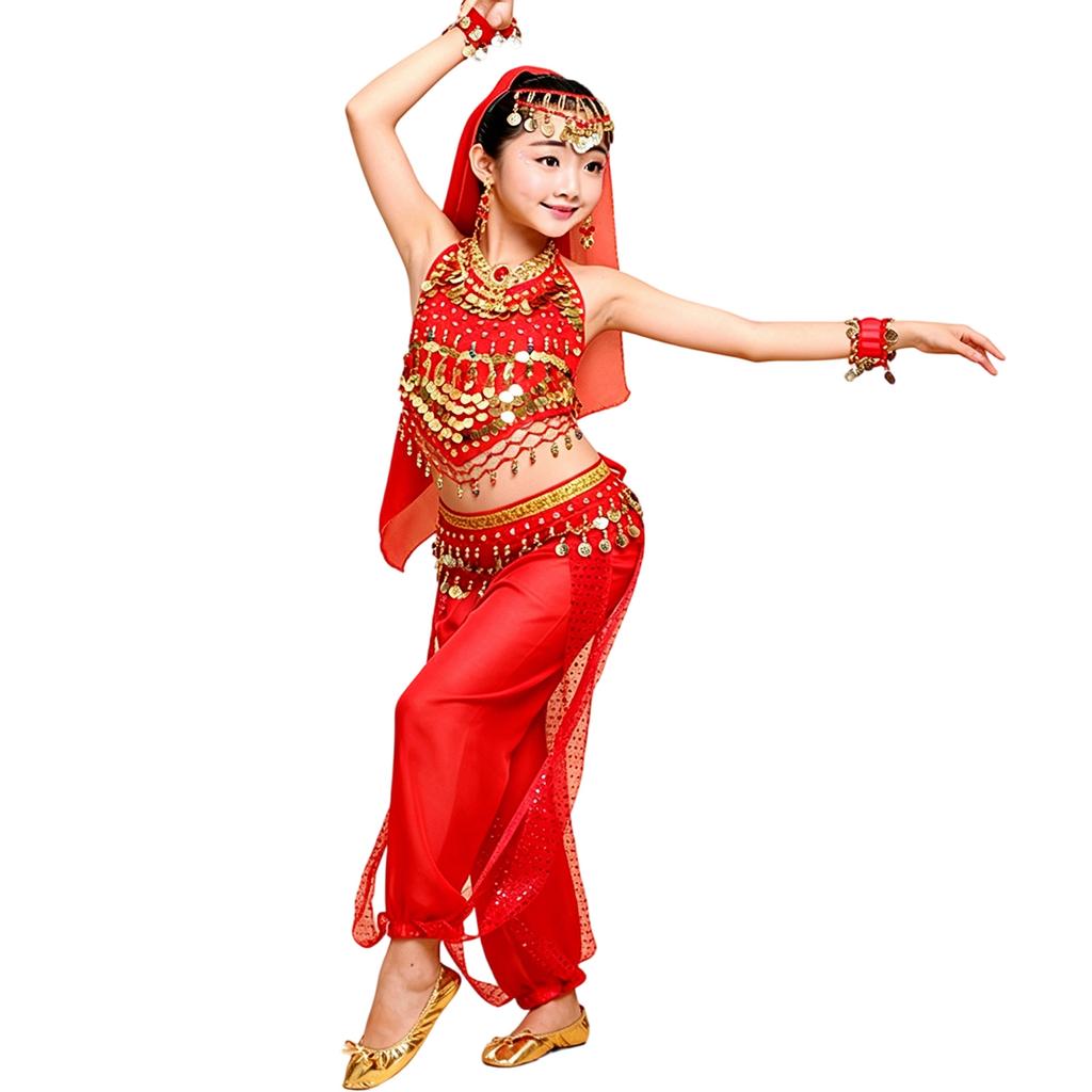 Costume Danza Indiana per Bambine Outfit Danza del Ventre per Bambini Festival Abbigliamento Danza Tradizionale per Bambini con Decorazioni a Monete e Set in Tessuto Trasparente