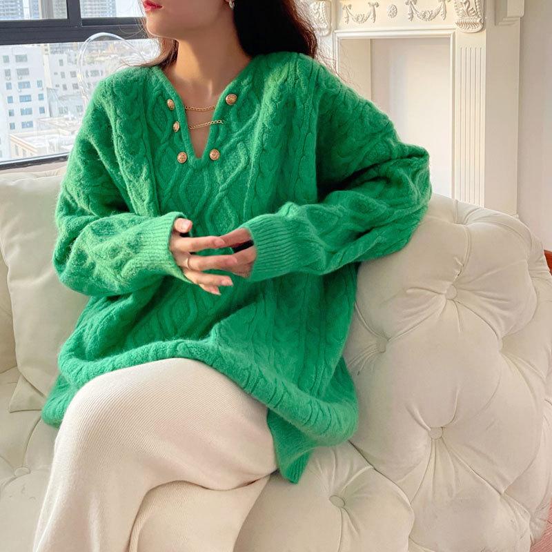 Herbst und Winter Damen Pullover Twist Temperament sanfter fauler Wind Pullover gestrickt Top lose Oberbekleidung Flut