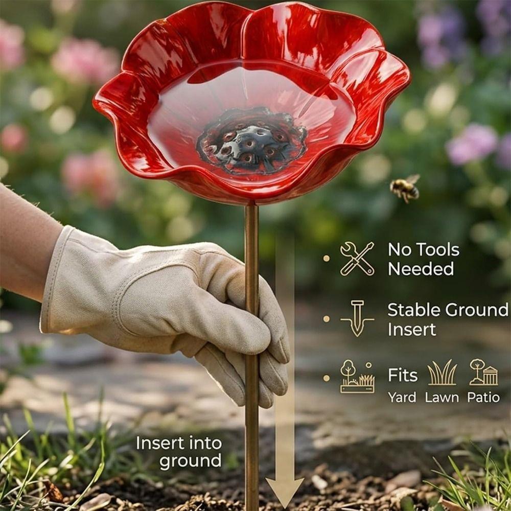 Ground Insert Metal Flower Garden Stake Iron Floral Sculpture Bird Drinking Water  Garden Lawn