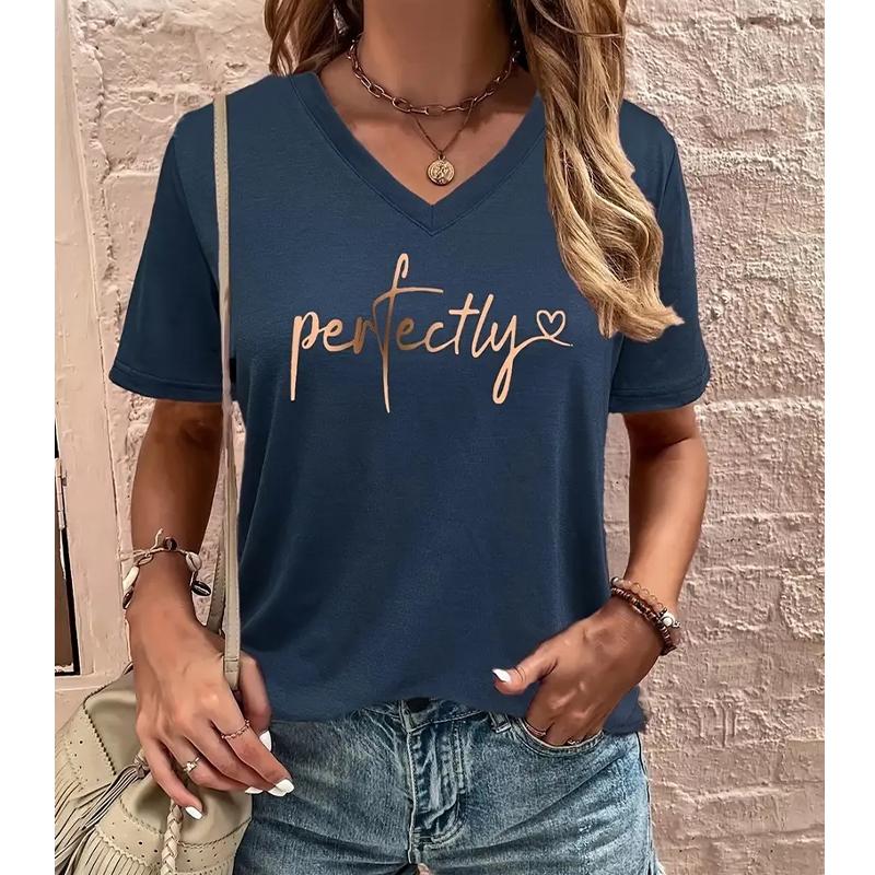 Fashion Monogram Painting Blouses Short Sleeved V-Neck T Shirts Casual