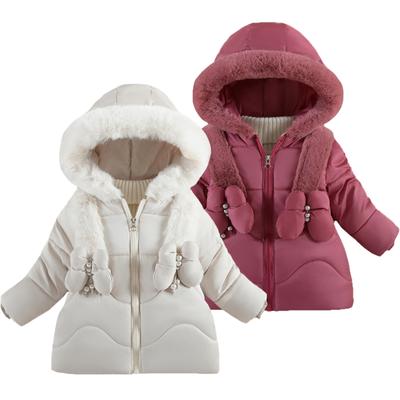 Baby Girls Jacket Winter Solid Color Butterfly Decoration Lining Plush Warm Hooded Zipper Down Cotton Outwear