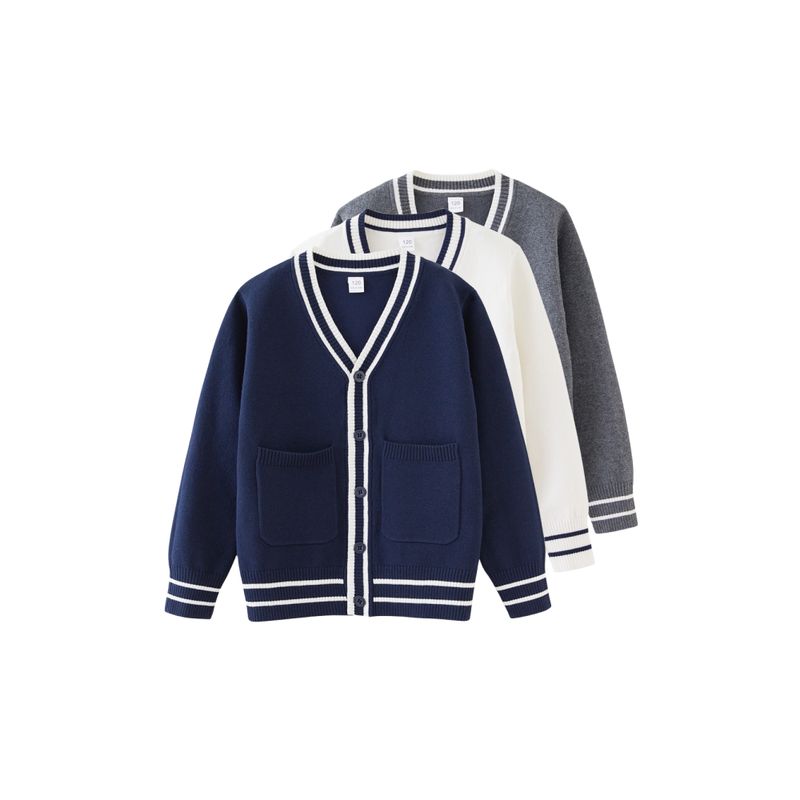 Spring and Autumn Children's Contrast Color Pocket Children's Sweater Cardigan Boy Stripe College Style Girls Sweater Coat