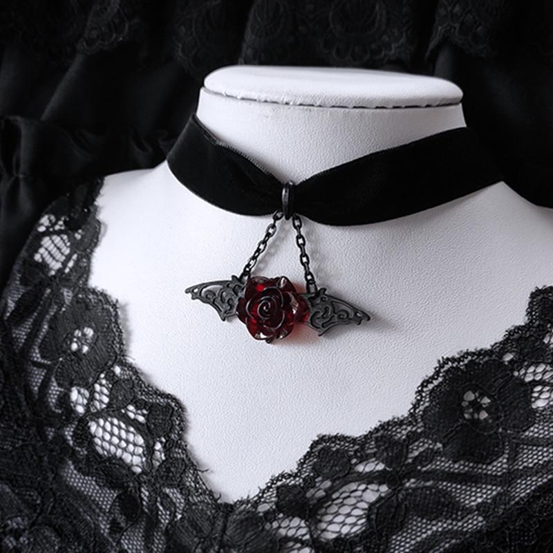 Red Rose Bat Wing Pendant Necklace with Black Velvet Choker