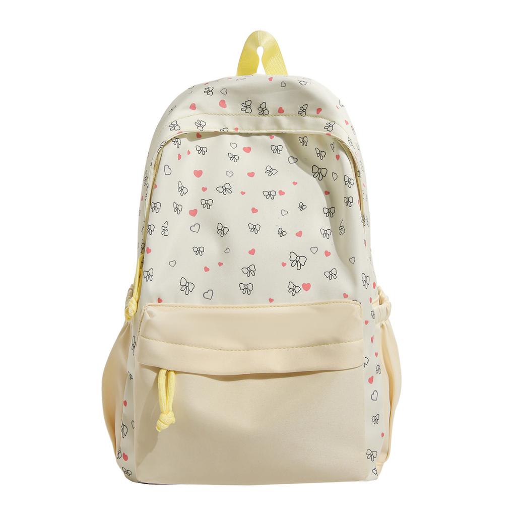 Cute Heart and Bow Print School Backpack with Front Pocket Top Handle Casual Daypack for Girls Students