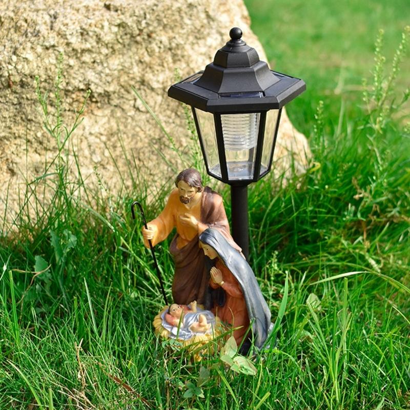 Solar Light Nativity Manger Scene Resins Sculpture Holy Family Ornament For Outdoor Garden Christian Home Decoration