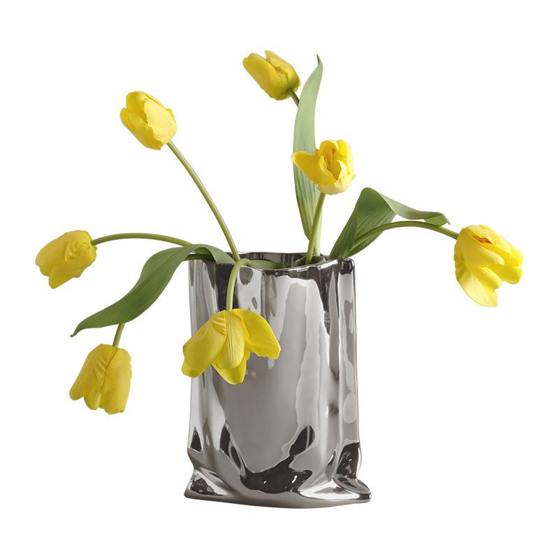 Abstract Ceramic Silver Plant Vase Electroplating Floral Living Room Decor Luxury Flower Hotel Art Decoration Home Accessories