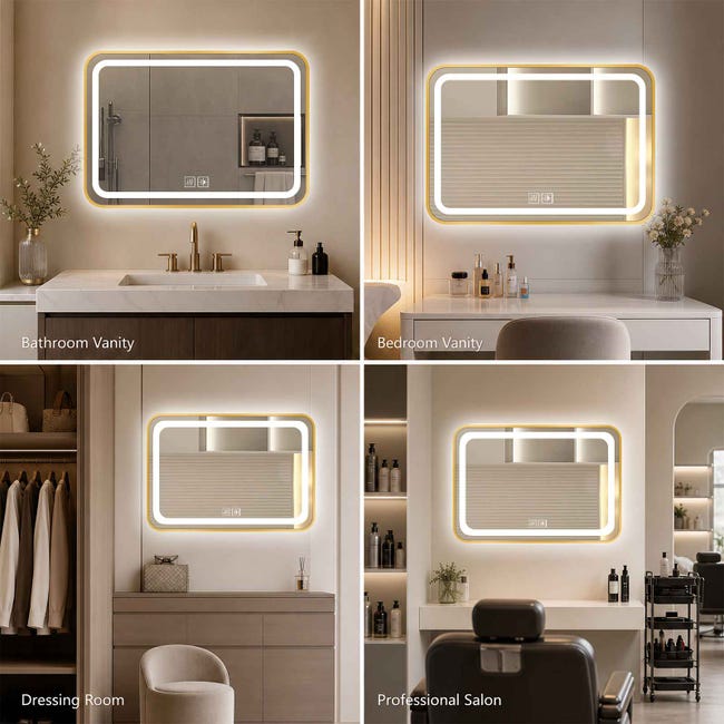 Rectangular LED Bathroom Mirror with Gold Frame, Three-Color Touch Lighting, Adjustable Brightness, Anti-Fog Function, HD Shatter-Resistant Glass