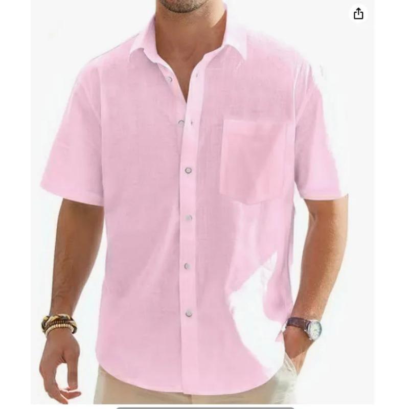 

Мужская летняя новая модель европейской и американской моды, классическая, удобная, дышащая, из хлопка и пеньки, однотонная, топ-рубашка XXXXL розовый