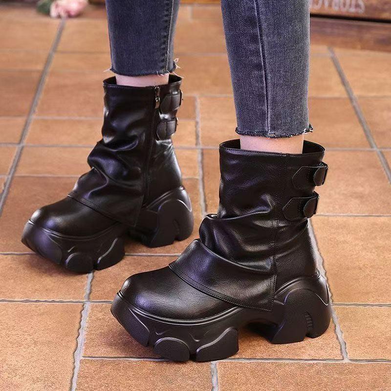 Fall/Winter  High Top Booties Fashion Round Toe Metal Buckle Side Zip Platform Versatile Pant Boots
