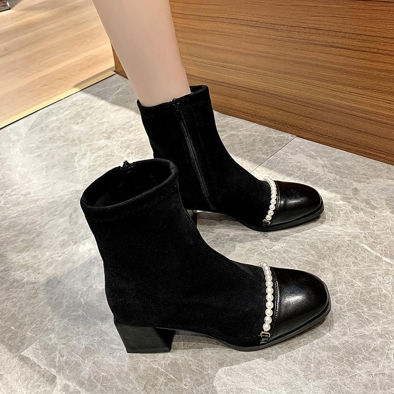 Fashion Stylish Beaded Spliced Suede Side Zipper Non-Slip Wear-Resistant Block Heel Short Thigh Boots Autumn New Single Boots