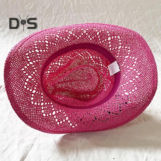 Summer Straw Hat Hollow Out Foldable Adjustable Bead Decor Curled Edge Windproof Strap Western Cowboy Style Solid Color Outdoor Cap