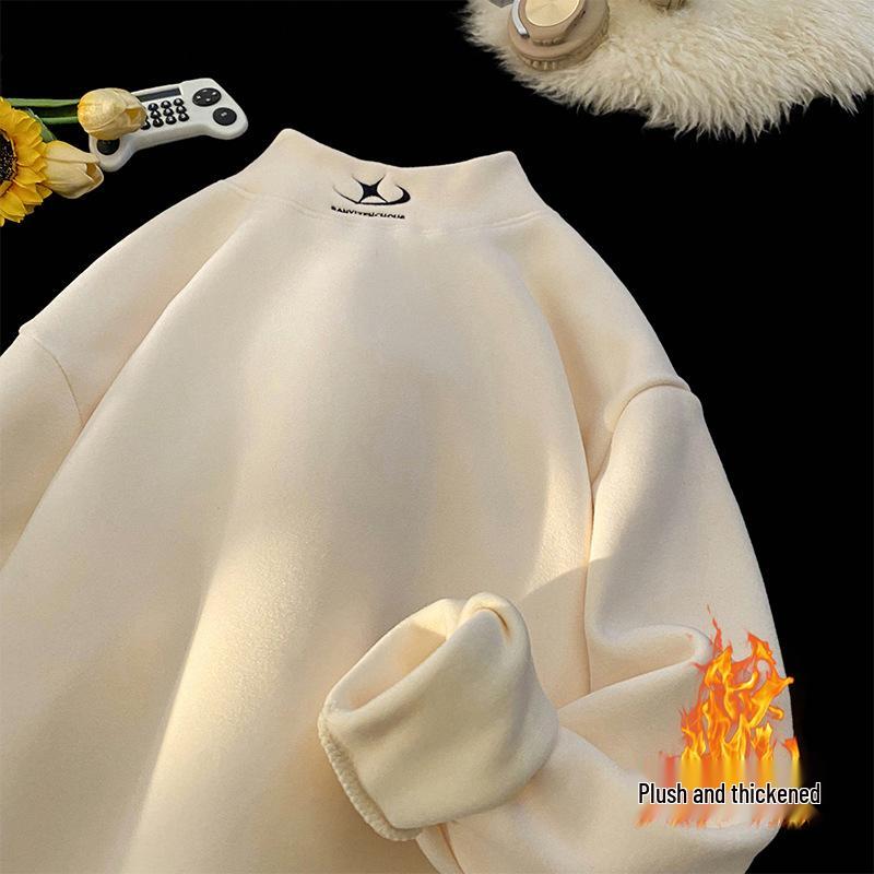 Men's Fleece Half-High Collar Sweatshirt, Velvet-Thickened, Loose Fit, Long Sleeve, Perfect for Autumn/Winter 2025.