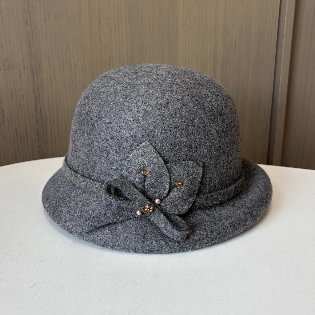 Ladies Crimped Bucket Hat Elegant Versatile Felt Hat Three-Dimensional Flower Woolen Top Hat Autumn And Winter Retro Pot Hat