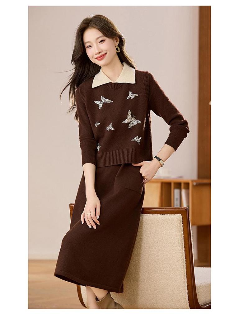 Damski dzianinowy zestaw dwuczęściowy: Kamizelka z okrągłym dekoltem i kardigan o średniej długości z długim rękawem Sukienka wełniana