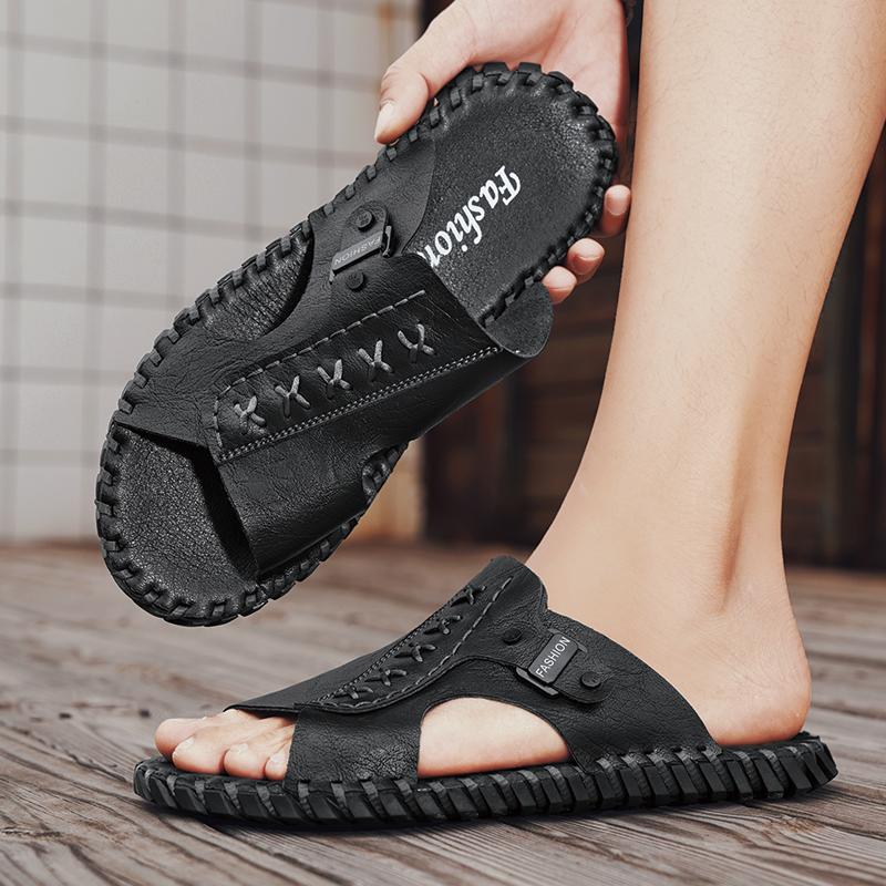 Summer Cow Leather Mens Sandals Leather Beach Shoes Men Outdoor Lightweight Casual Shoes Fashion Soft Flats Shoes Men Flip Flops
