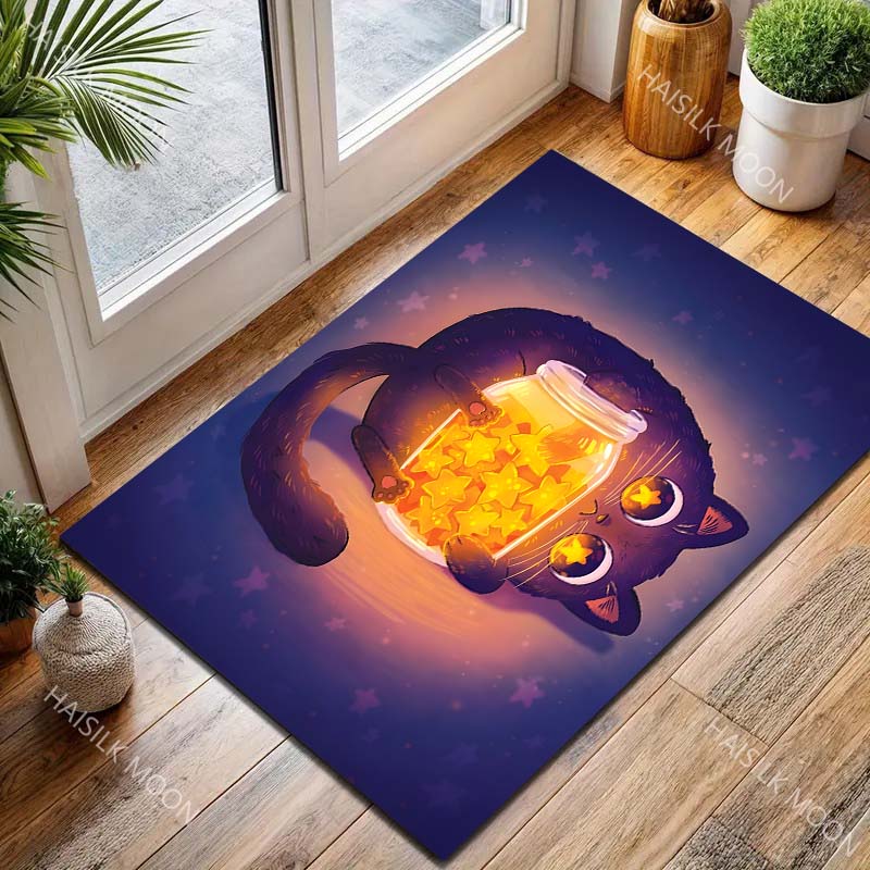Cartoon Cat and Wishing Bottle Carpet for Living Room Bedroom Bedside Floor Mat Cloakroom Kids Activity Area Rugs Home Decor