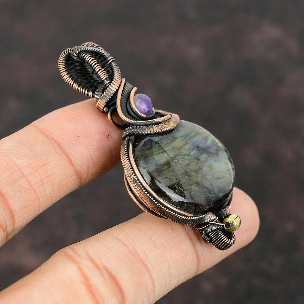 Labradorit Anhänger Kupferdraht umwickelt Edelsteinanhänger Handgefertigter Schmuck Afrikanischer Amethyst Anhänger Geschenk für Mutter Kupferdraht Umwickelter Schmuck