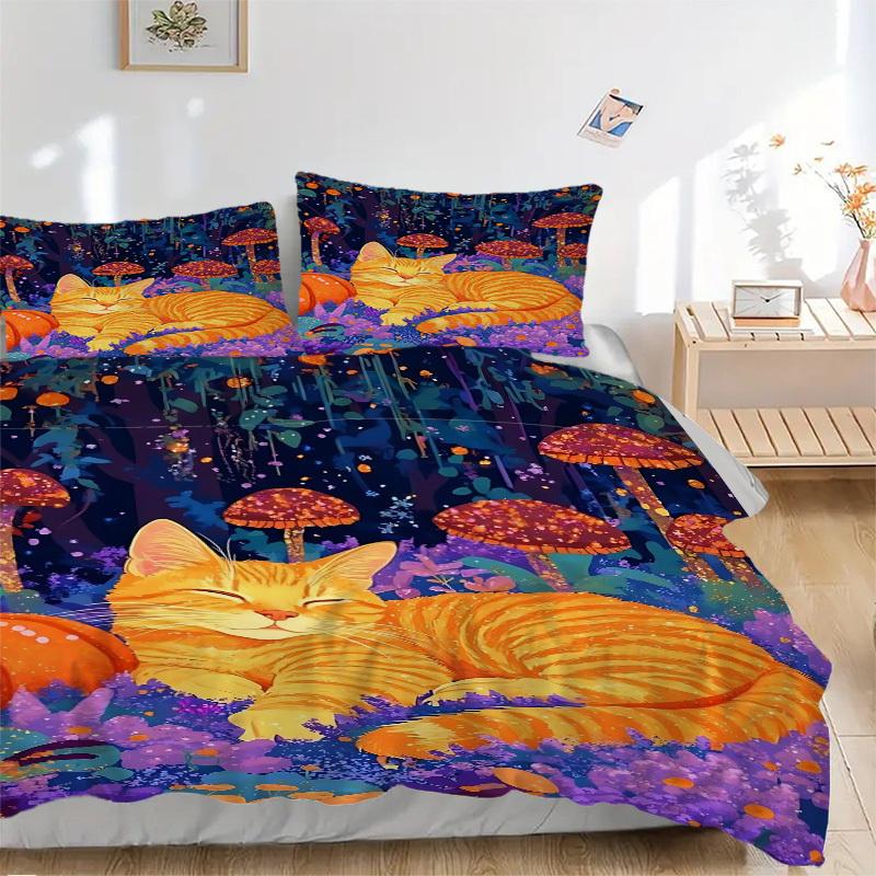 

3pcs Orange Tabby Cat Duvet Cover Set, Cover For Bedroom Guest Room (1 Duvet Cover + 2 Pillowcase, Without Quilt), yy250922176 135x200cm