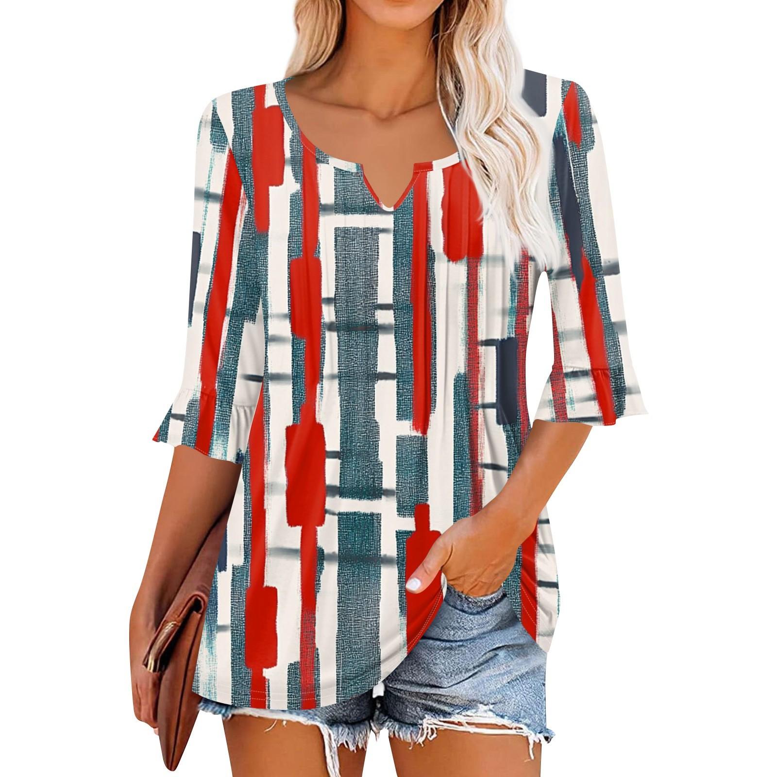 

3/4 рукава топы для женщин повседневные оборки V-образный вырез футболки рабочие блузки нарядные туники топы XL красный