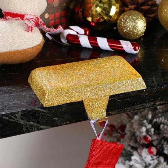 Glitter Christmas Stocking Holder Xmas Stocking Hanging Hook Heavy Duty Metal Stocking Hanger for Mantle Shelf Fireplace Stair Holiday Party Decor