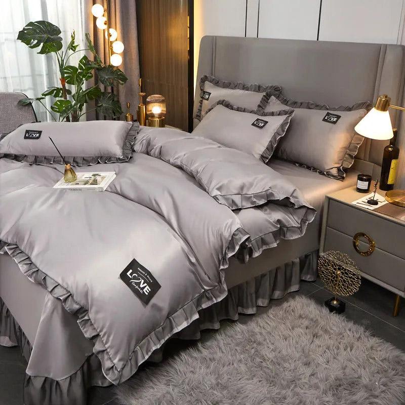 Koreanisches seidiges, nacktes Schlaf-Vierteiler-Set, einfarbig, Frühling/Sommer, Spitzen-Bettbezug, Bettrock-Set, hochwertige Heimtextilien, Doppelbett-Bettwäsche-Sets