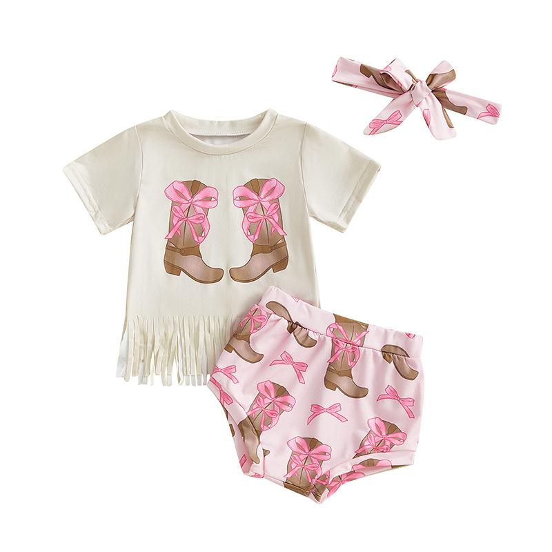 

3pcs Summer Western Clothes Newborn Kid Baby Girl Outfits Cow Boot Short Sleeve Tassel T-shirts Shorts Headband Baby Girl Sets 0-6M розовый