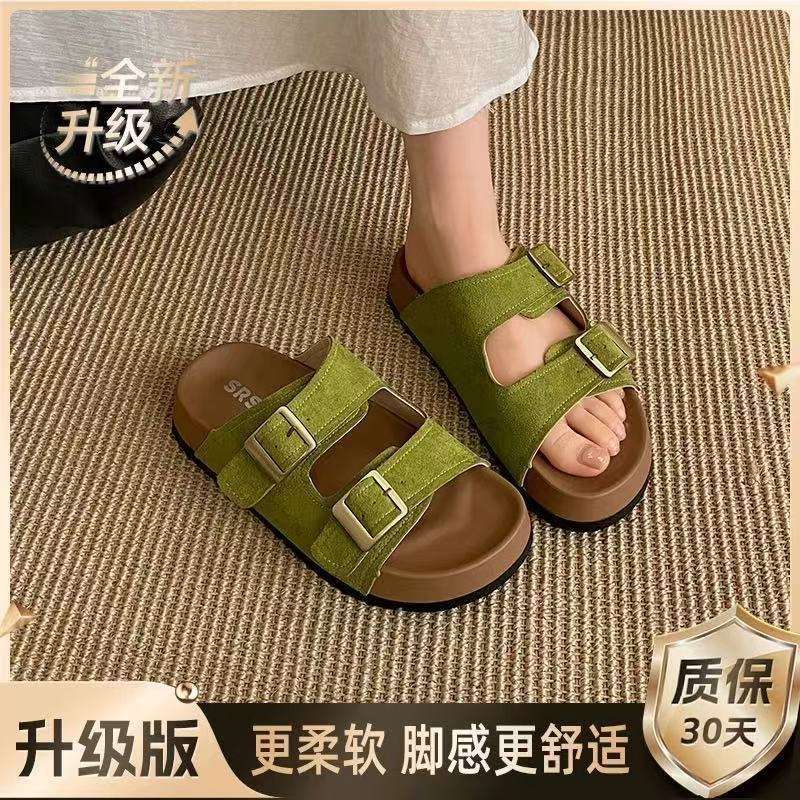Retro thick-soled heightening one-word slippers women's summer 2025 new wear simple non-slip soft-soled Birkencool slippers