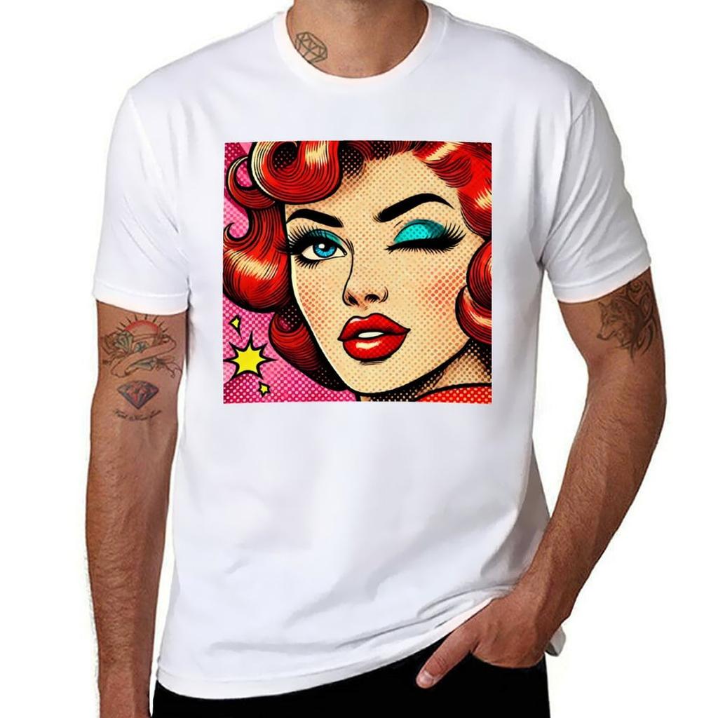 Retro Glam Pop Art Winking Redhead Pin Up Tshirt Basic Simple Design Short Sleeve Shirt