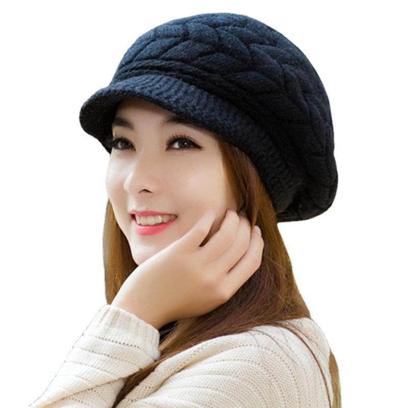 Autumn and Winter Knitted Hat Women's Ear Protection Duck Tongue Woolen Hat Plus Velvet Thickened Outdoor Warm Beret