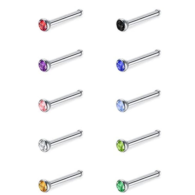 Mixed Color Nose Stud Set: Fish Tail, Inlaid Rhinestone, L-Shaped, & Straight Bar. Hot Selling & In Stock.