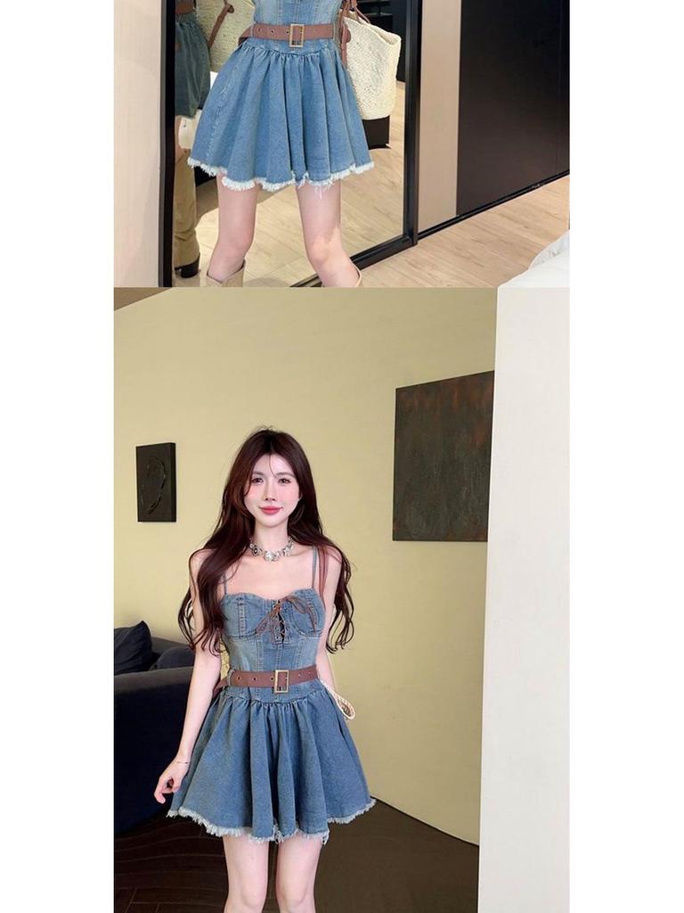 Stylish Plus-Size Strapless Denim Dress: Age-Reducing, Waist-Cinching Suspender Short Skirt for Summer