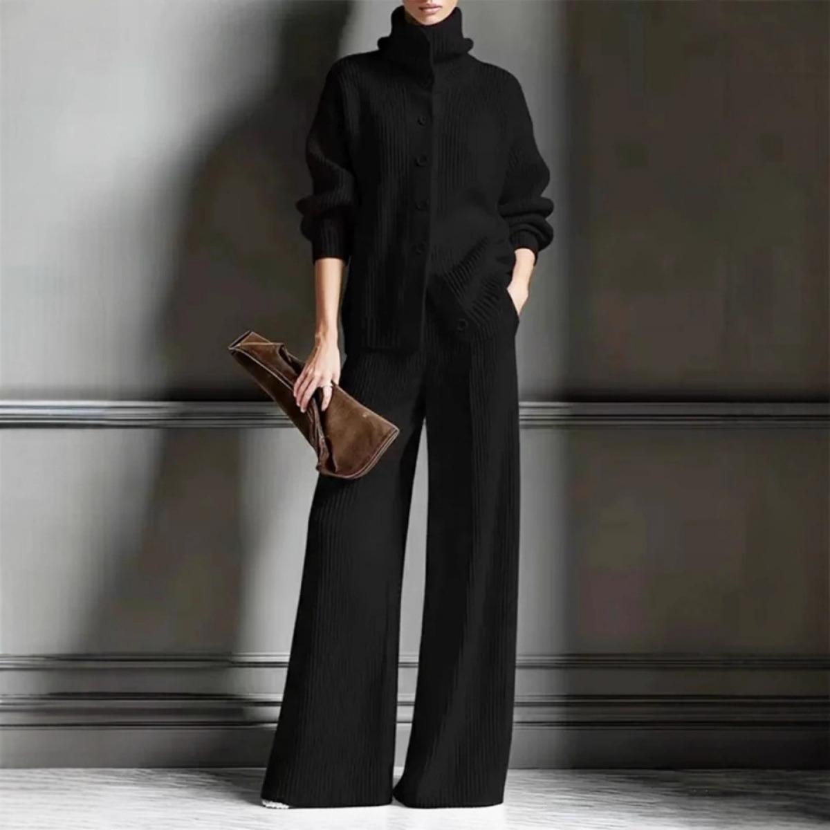 

New Fall Winter Thickened Women s Fashion Casual Knit Turtleneck Wide Leg Two Piece Set, Ladies Outfits for Daily Wear S чёрный