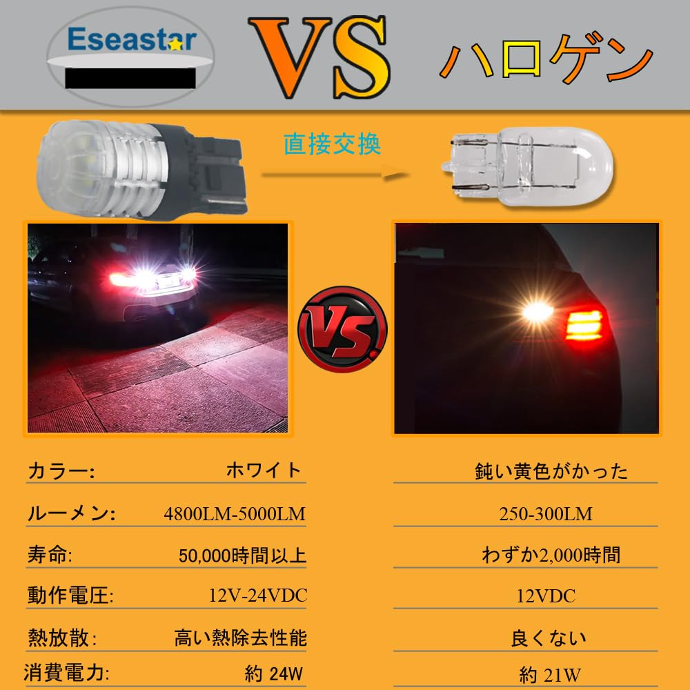Eseastar T20 7440 LED Back Lamp, WY21W Bulb, 5000LM High Brightness 360 Degree Luminosity,