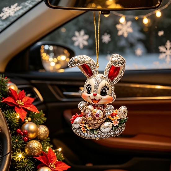 Acrylic Animal Car Pendant Easter Bunny Pendant, Cute Rabbit with Basket, 2D Party Hanging Decor Rearview Mirror Ornament, Bag Keychain Accessory,