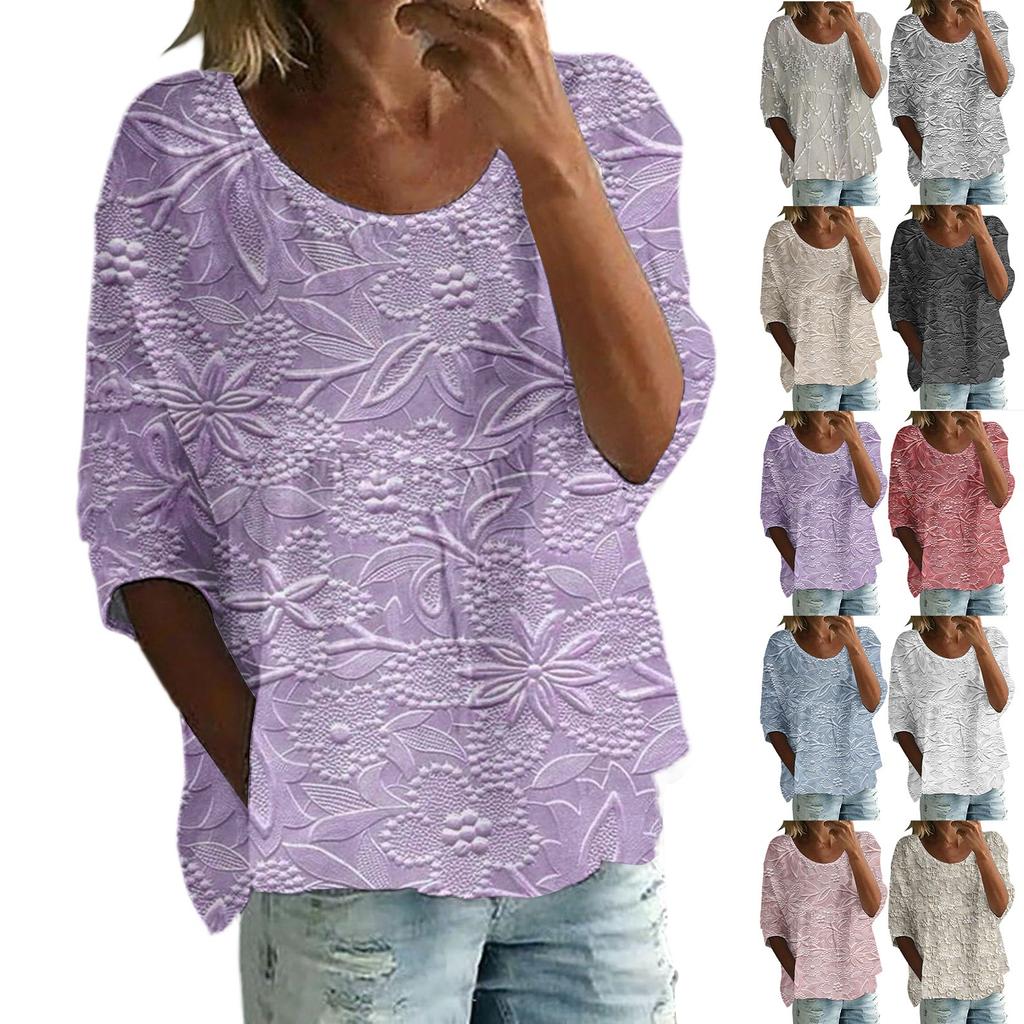 Women's Casual Fashion Three-quarter Sleeve Loose Round Neck Floral Print Top