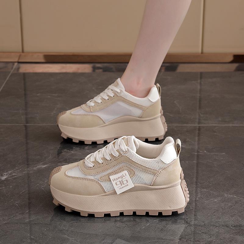 Chunky Autumn New Women Shoes Csaual Running Sneakers Fashion Lace-up Patchwork Leather Sneaker Vulcanized Shoes Chaussure Femme