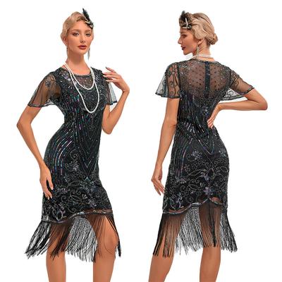1920S Retro Ball Embroidered Tassel Dress Party Large Size Sequined Beaded Mesh Dress
