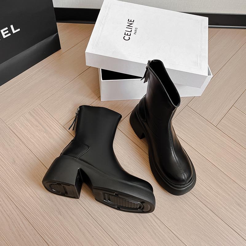 Thick-soled heightening short boots for women's spring and autumn models with v mouth showing legs, straight thick heels, round head, rear zipper bare